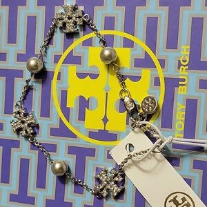 TORY BURCH CRYSTAL PEARL LOGO BRACELET  ONLY
